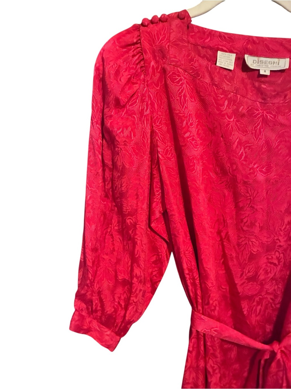VTG 80s Disegni 100% Silk Red Floral Jacquard Midi Dress Puff Sleeve Belted 8 - Picture 4 of 11